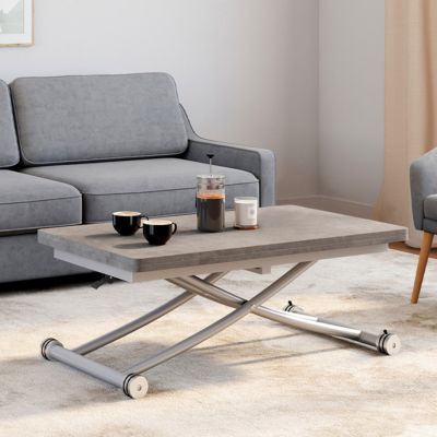 Table basse 2 en 1 relevable en table à manger rectangulaire URBANA 100 cm effet béton pied gris chromé