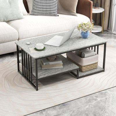 Table Basse à 2 Niveaux Imitation Marbre-110x60x45cm Charge 50KG+20KG-Plateau et Etagère Ouverte-Style Moderne