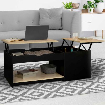 Table basse 2 plateaux relevables rectangulaire ELEA avec coffre bois noir et façon hêtre