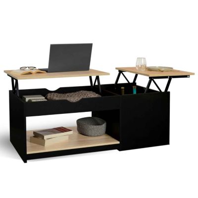 IDMarket Table Basse Plateau Relevable ELEA Rectangulaire Avec Coffre - Bois Noir Et Façon Hêtre