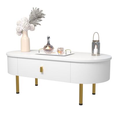 Table Basse 2 Tiroirs - Poignées Et Pieds Dorés, Coins Arrondis - Blanc