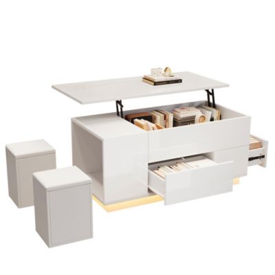 Table basse 4 en 1 réglable LED 100x50x45cm - 2 tiroirs + canapé + tabourets, blanc, charge 50kg