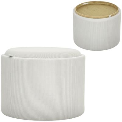 Table basse 56x42 cm ronde avec rangement cache et revetement velours cotele creme, confortable pour le sejour