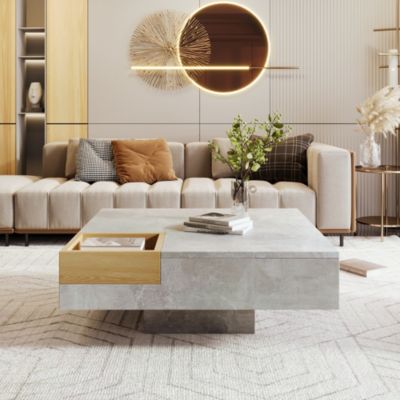 Table basse 72x72x30 cm avec plateau effet béton gris et caisse de rangement bois amovible, design contrasté
