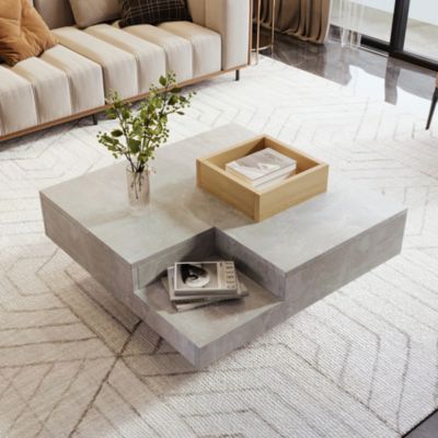 Table basse 72x72x30 cm avec plateau effet béton gris et caisse de rangement bois amovible, design contrasté