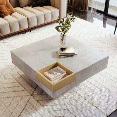Table basse 72x72x30 cm avec plateau effet béton gris et caisse de rangement bois amovible, design contrasté