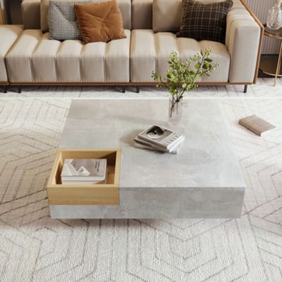 Table basse 72x72x30 cm avec plateau effet béton gris et caisse de rangement bois amovible, design contrasté