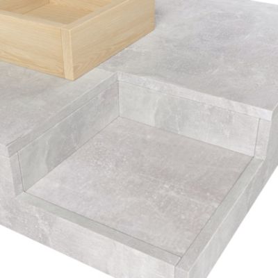 Table basse 72x72x30 cm avec plateau effet béton gris et caisse de rangement bois amovible, design contrasté