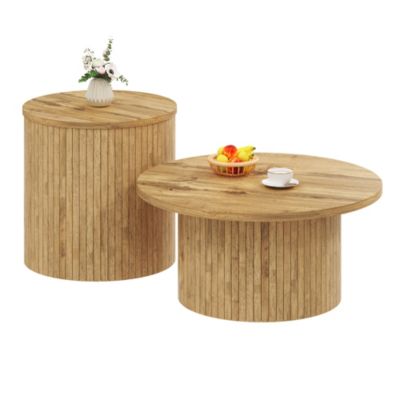 Table basse 75x75x36 cm et 50x50x50,5 cm double ronde en MDF naturel, style scandinave, modulable et sécurisée