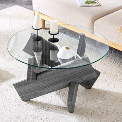 Table basse 79 cm plateau verre trempé 0,8 cm et piètement MDF gris à structure croisée, design contemporain