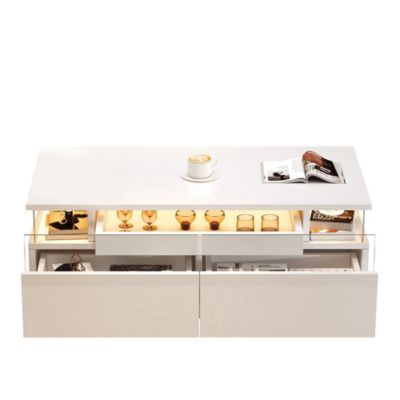 Table Basse 90x45cm LED, 2 Tiroirs, Verre Trempé, Blanche