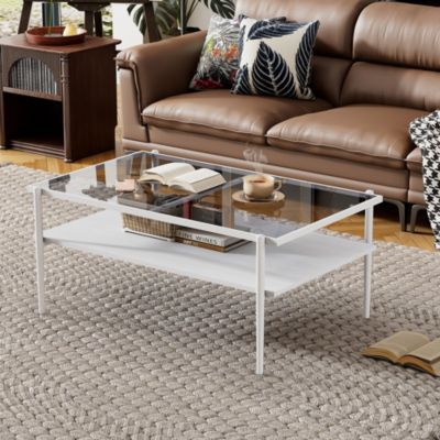 Table basse 97,5 cm en verre trempé gris et blanc avec pieds métal