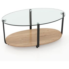 Table Basse a 2 Niveaux avec Plateau en Verre Trempe Cadre en Metal Robuste Table d Appoint Ovale Style Moderne