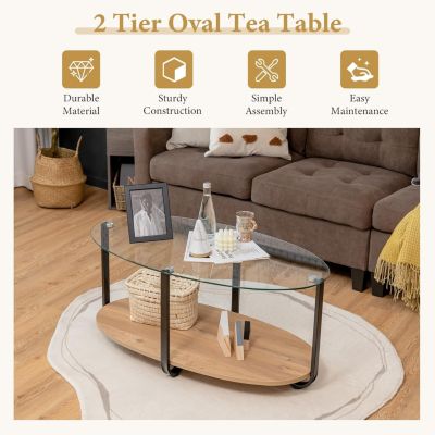 Table Basse a 2 Niveaux avec Plateau en Verre Trempe Cadre en Metal Robuste Table d Appoint Ovale Style Moderne