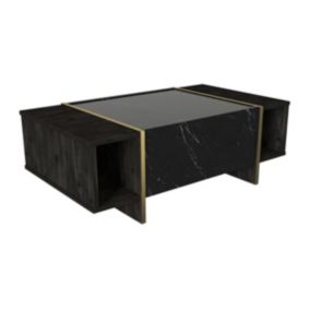 Table basse avec 1 porte et 2 niches - Effet marbre noir, naturel foncé et doré - CADEBA II