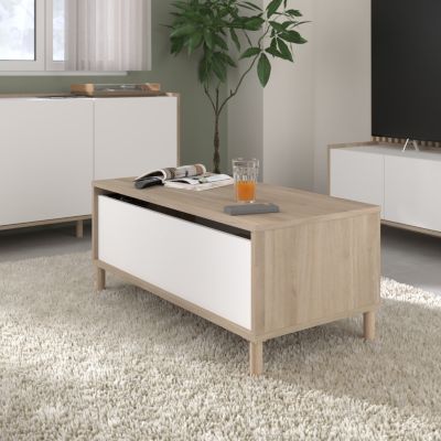 Table basse avec plateau relevable effet bois et blanc Morphos l. 100,8 x H. 43,6 x P. 50 cm