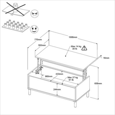 Table basse avec plateau relevable effet bois et blanc Morphos l. 100,8 x H. 43,6 x P. 50 cm