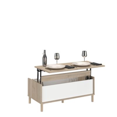 Table basse avec plateau relevable effet bois et blanc Morphos l. 100,8 x H. 43,6 x P. 50 cm
