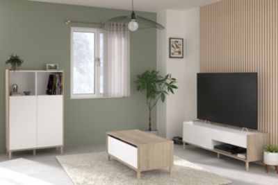 Table basse avec plateau relevable effet bois et blanc Morphos l. 100,8 x H. 43,6 x P. 50 cm