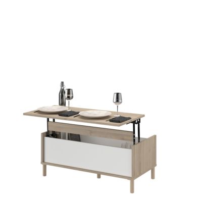 Table basse avec plateau relevable effet bois et blanc Morphos l. 100,8 x H. 43,6 x P. 50 cm