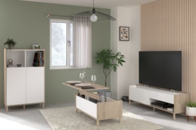 Table basse avec plateau relevable effet bois et blanc Morphos l. 100,8 x H. 43,6 x P. 50 cm