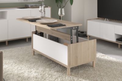 Table basse avec plateau relevable effet bois et blanc Morphos l. 100,8 x H. 43,6 x P. 50 cm