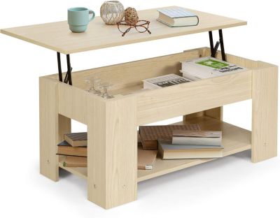 Table Basse avec Plateau Relevable, Espace de Rangement et Etagere Inferieure, Moderne, 98 x 50 x 42 CM (Chene)