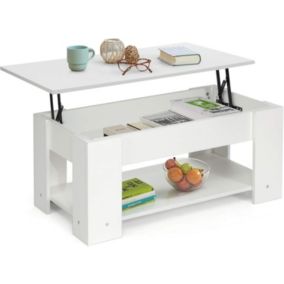 Table Basse avec Plateau Relevable, Espace de Rangement et Etagere Inferieure, Style Moderne , 98 x 50 x 42 CM (Blanc)