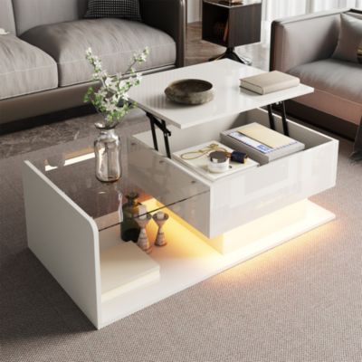 Table Basse avec Plateau Verre, Rangement et Éclairage LED, Table d'Appoint Multifonction, PB/Spanplatte, 100x50x47,5 cm, Blanc
