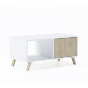 Table basse avec portes, modèle Wind, 92x50x45cm, couleur Blanc et Chêne