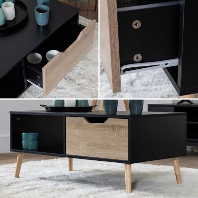 Table basse avec tiroir style scandinave noire FREJA - Happy Garden