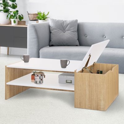 Table basse bar contemporaine IZIA avec coffre bois et plateaux blancs