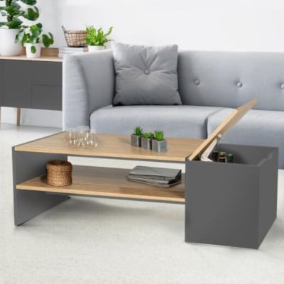 Table Basse Bar contemporaine rectangulaire avec Coffre Gris et Plateaux Bois