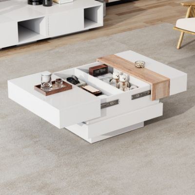 Table Basse Blanc, Plateau Coulissant, 2 Compartiments, Éclairage Supérieur, Panneau de Particules, 70x70x39 cm - Bois Naturel