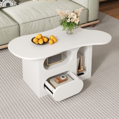 Table basse blanche 97 cm avec tiroirs et niches ouvertes