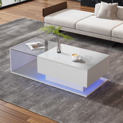 Table Basse Blanche avec LED, 1 Tiroir et Plateau Verre Brillant Anti-Rayures, design Moderne, 100x50x32 cm - Blanc