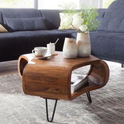 Table Basse Bois Massif Métal 55x38x55cm Table d'appoint Table de salon FineBuy