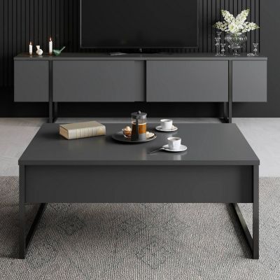 Table basse Canis, Table basse, Porte-revues pour canapé, Etagère de salon, 90x60h40 cm, Anthracite et Noir