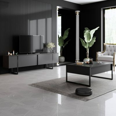 Table basse Canis, Table basse, Porte-revues pour canapé, Etagère de salon, 90x60h40 cm, Anthracite et Noir