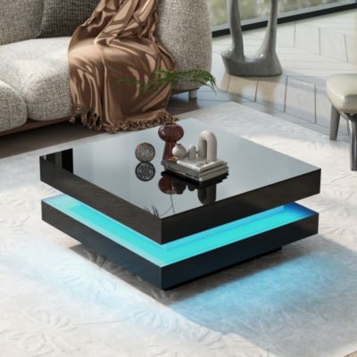 Table basse carrée 70 x 70 x 36 cm noire avec LED Bluetooth