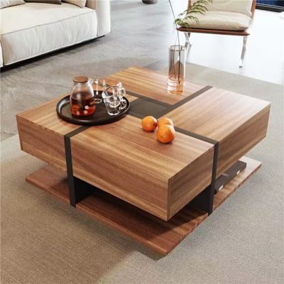 Table basse carrée 78 cm en panneaux de particules noir et bois avec 4 tiroirs