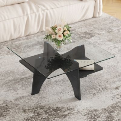 Table Basse Carrée 80cm avec Surface en Verre de Sécurité et Pieds en MDF Noir - design Moderne pour Salon