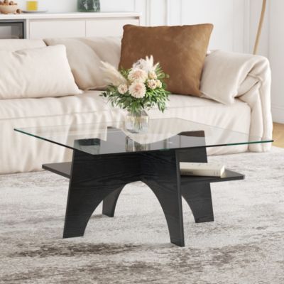 Table Basse Carrée 80cm avec Surface en Verre de Sécurité et Pieds en MDF Noir - design Moderne pour Salon