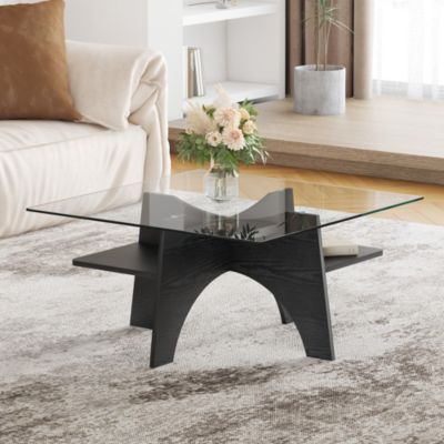 Table Basse Carrée 80cm avec Surface en Verre de Sécurité et Pieds en MDF Noir - design Moderne pour Salon