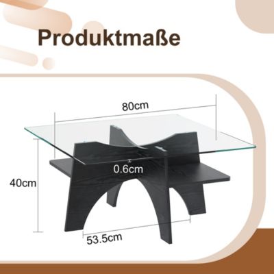 Table Basse Carrée 80cm avec Surface en Verre de Sécurité et Pieds en MDF Noir - design Moderne pour Salon