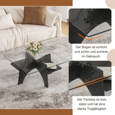 Table Basse Carrée 80cm avec Surface en Verre de Sécurité et Pieds en MDF Noir - design Moderne pour Salon