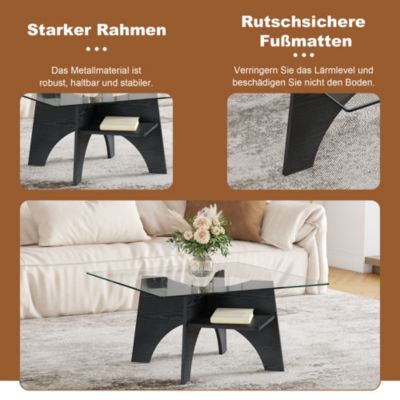 Table Basse Carrée 80cm avec Surface en Verre de Sécurité et Pieds en MDF Noir - design Moderne pour Salon