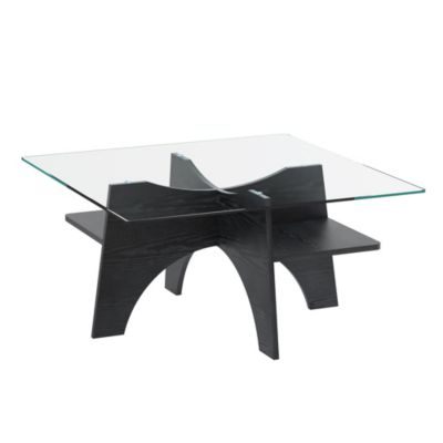 Table Basse Carrée 80cm avec Surface en Verre de Sécurité et Pieds en MDF Noir - design Moderne pour Salon