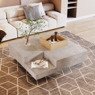 Table Basse Carrée avec Boîte de Rangement Amovible, MDF, 72x72x30 cm - Gris et  Bois