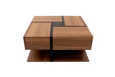 Table basse carrée effet bois 4 tiroirs et étagère ouverte